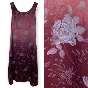 Vintage Silky Maxi Metallic Burgundy Rose Print Floral Sleeveless Formal Dress